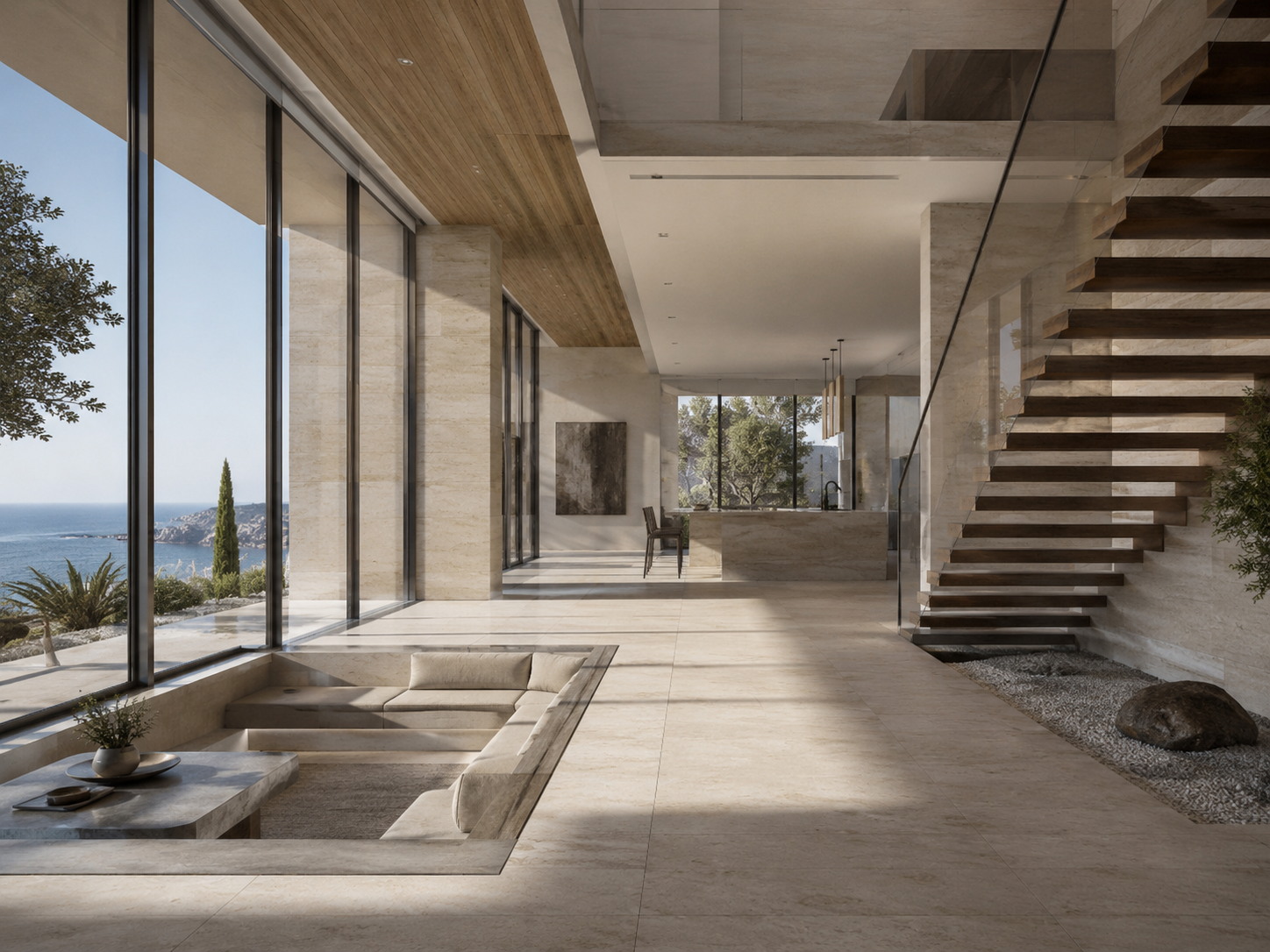 Modern architectural interior with floating staircase